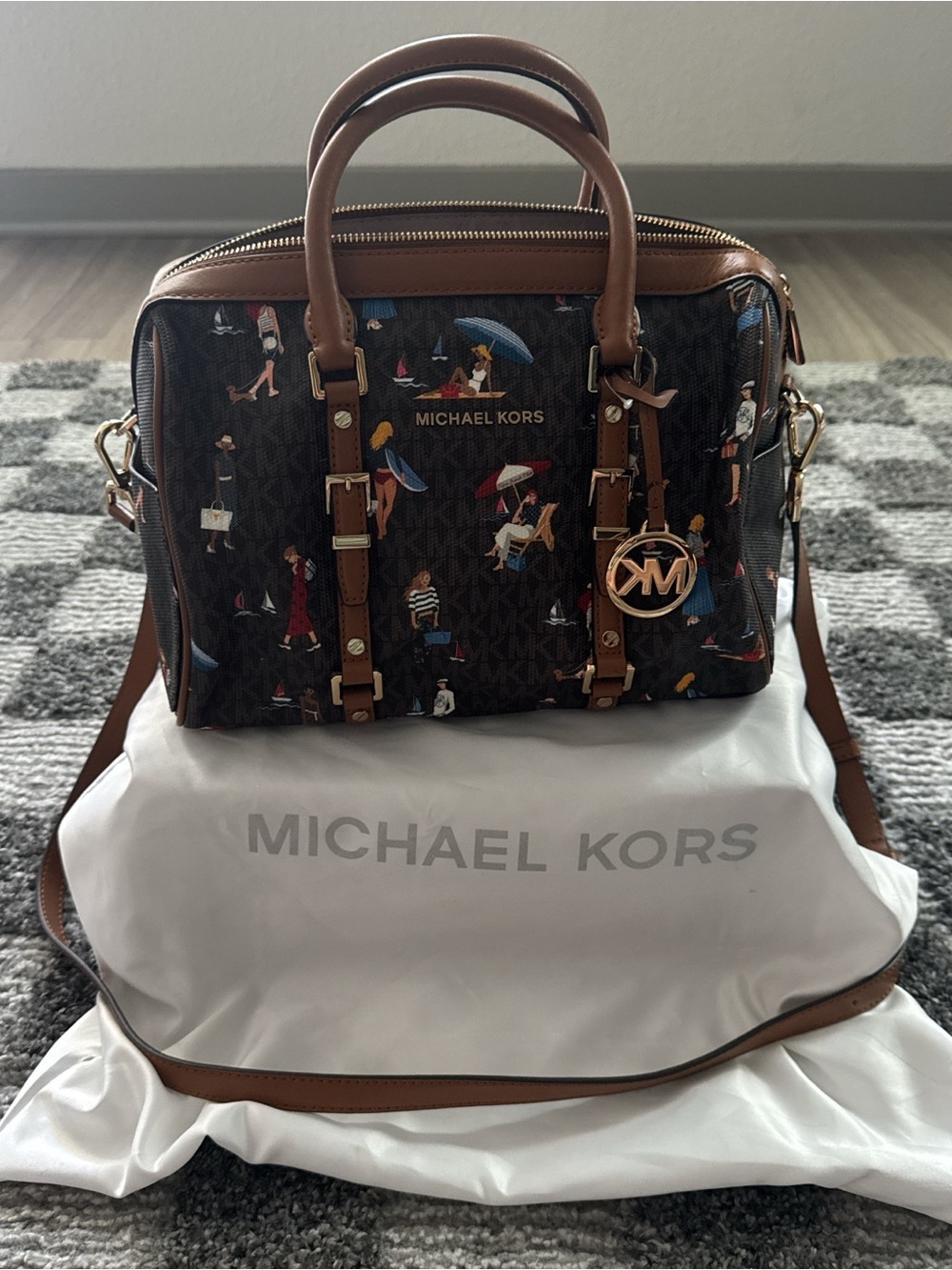 Michael Kors Brown Printed Jet Set Messenger Bag with Tan Trim